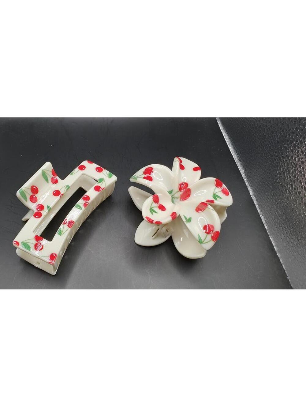 Cherry Print Flower and Rectangle Hair Claw Clips Set